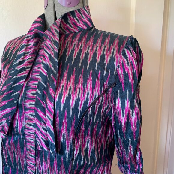 Vtg Y2K Ikat Blouse Sz S Dupioni Silk Handmade Multi Color Black Fuchsia Artsy - Picture 2 of 6